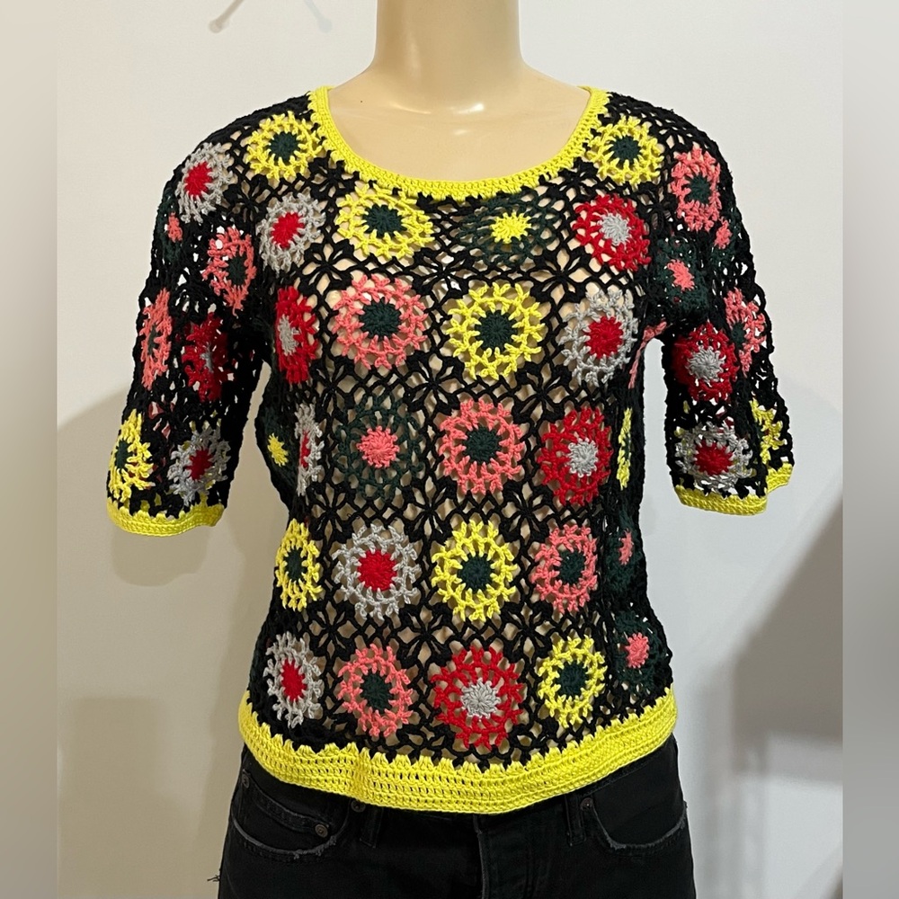 Zara Black Crochet Top with Yellow, Red, Pink & Gray Floral Motifs